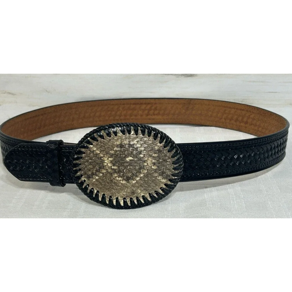 GENUINE Rattle Snake Buckle with Black Leather Belt Size 36 Mens Western boot
